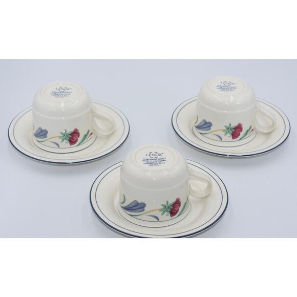 Y2K Coffee or Tea Flat Cup & Saucer 6pc Set Poppies On Blue by LENOX - Picture 3 of 6